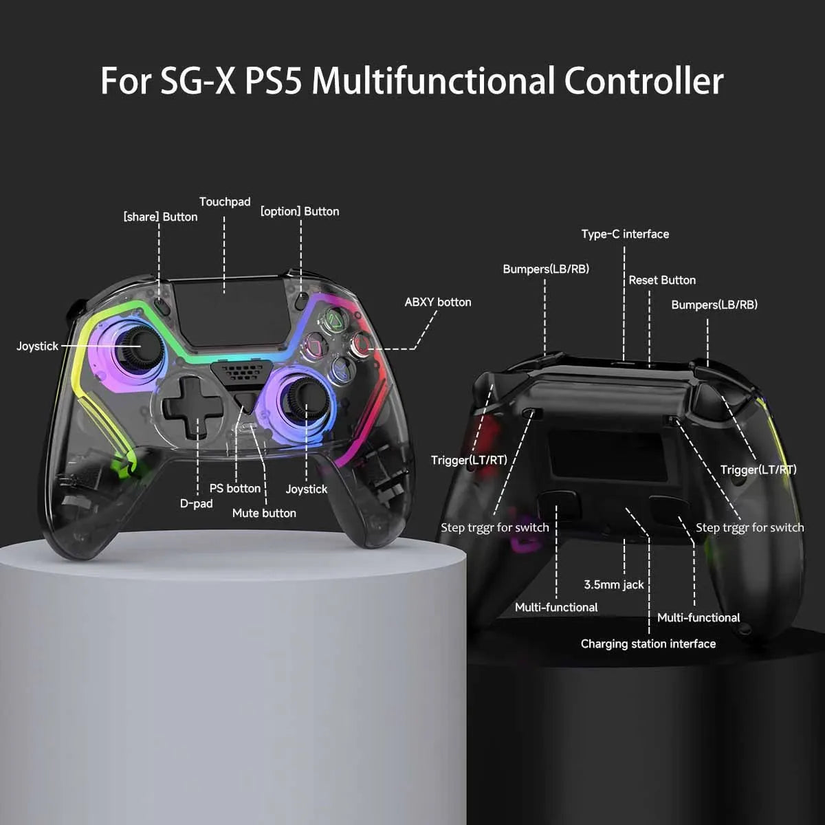 Transparent Wireless Controller HG-04D for PS5/PC/iOS/Android/Steam with BT 5.3,Macro Button,Touchpad,Hall Triggers & Joystick