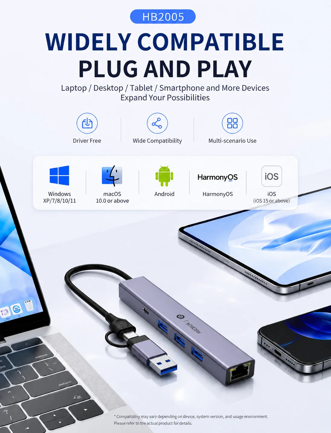TECHCLAW USB3.2 Hub USB-A+Type-C Dual Input Docking Station 3 USB Ports + RJ45 Gigabit Ethernet LAN Port Type-C Power Supply Lap