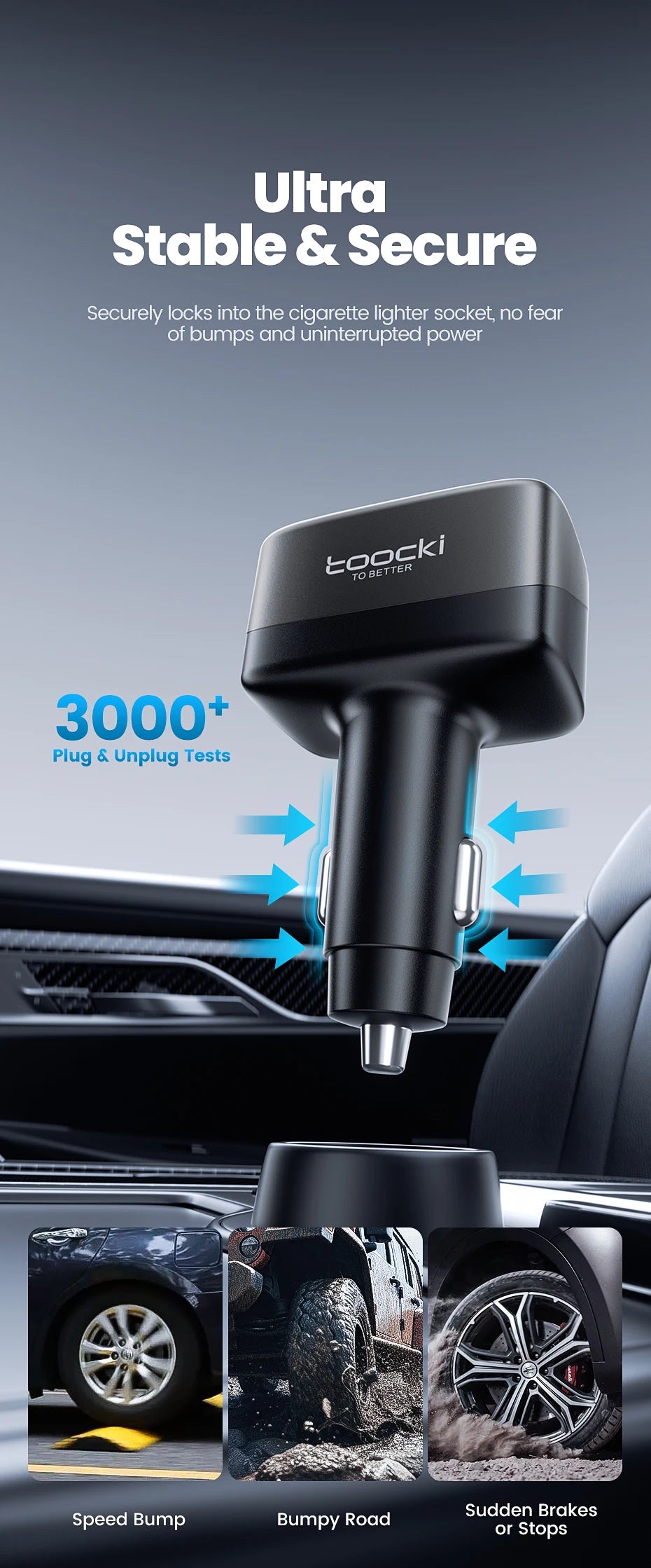 Toocki 105W 3-in-1 Car Charger PD 45W 30W PPS Fast Charging Type C Display Car Phone Charger For iPhone 17 16 Samsung S23 S24