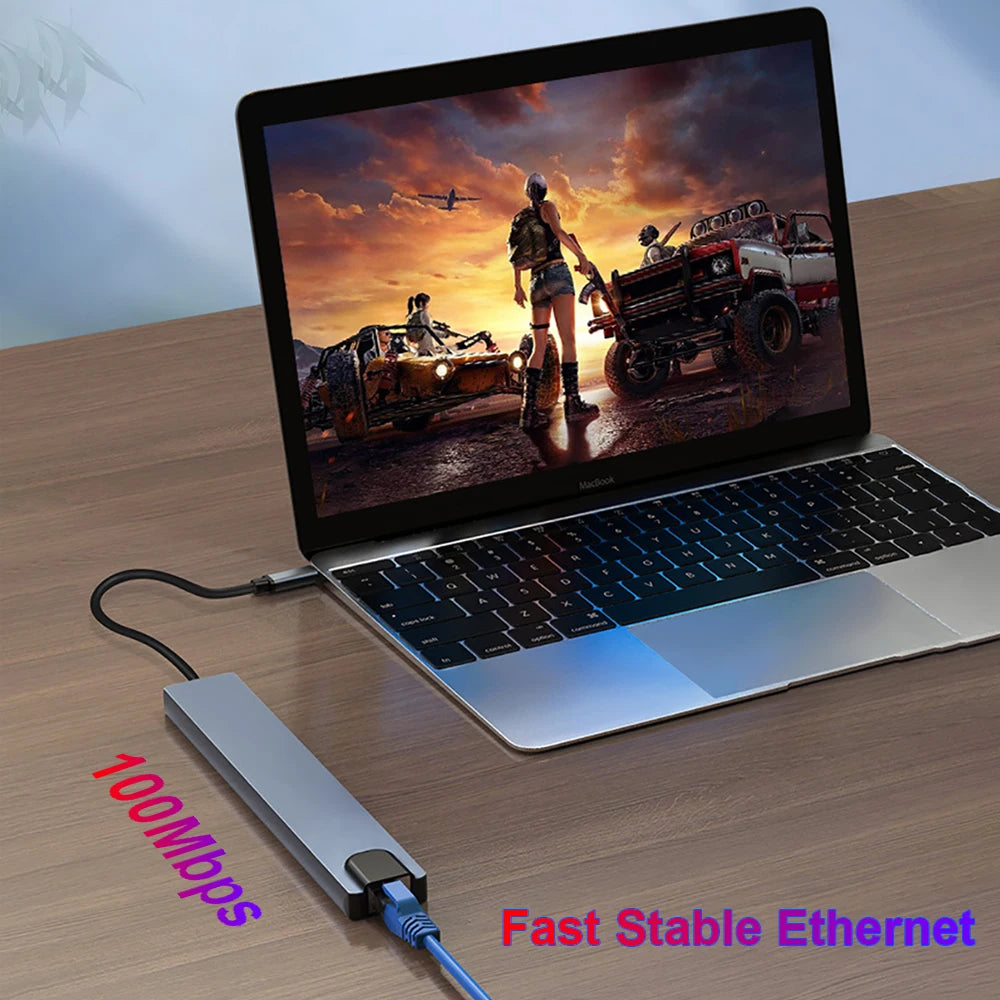 USB C HUB 4K30Hz Docking Station 8-IN-1 USB 3.0 Splitter Type C to RJ45 SD/TF Card Reader for MacBook Notebook Laptop Computer