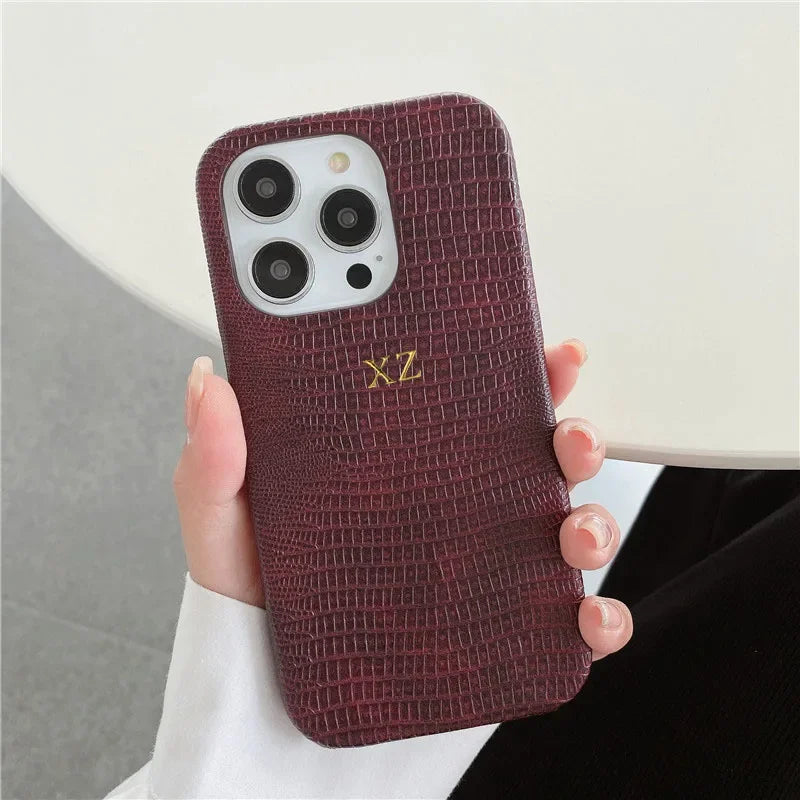 Personalise Gold Silver Initials Letters Leather Case For Iphone 15 12 14 13 16 17Pro Max 14 16 Plus Luxury Lizard PU Hard Cover