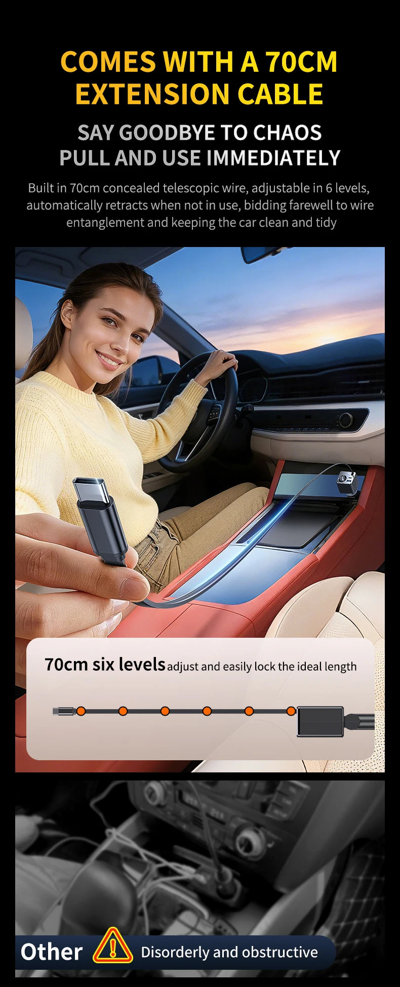 Universal Car Charger 128W Super Fast Charging Cigarette Lighter with Built-In USB-C Retractable Cable for Fast Charging