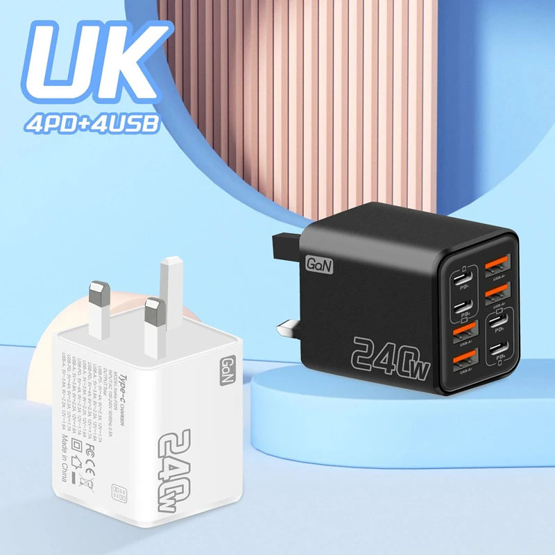 240W GaN USB C Charger 8 in 1 Fast Charging Phone Charger Power Adapter For iPhone Xiaomi Type C EU/US/UK Plug Wall Charger 2026