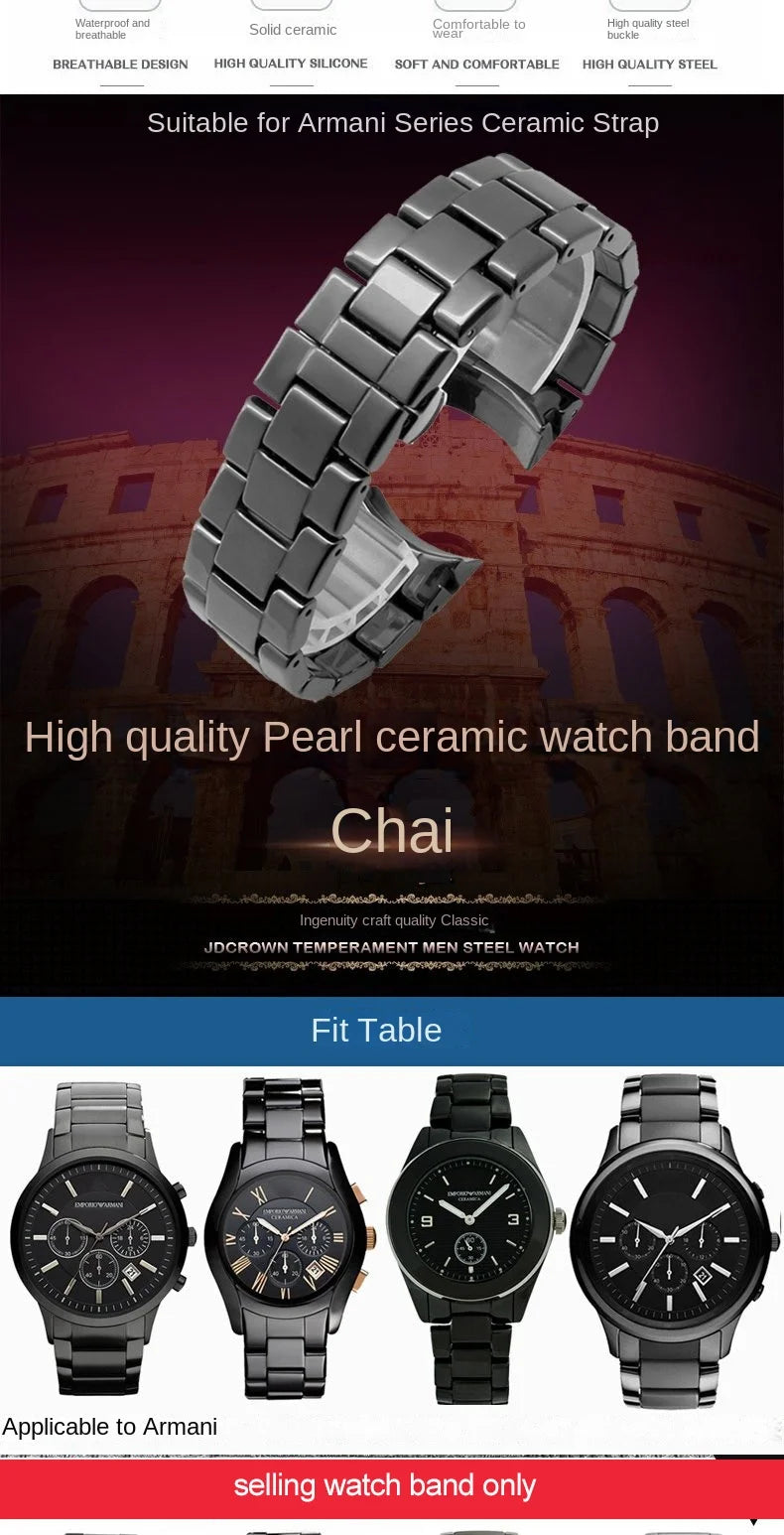 High quality Ceramic case watchband for Armani watch AR1451 AR1452 AR1400 AR1410 AR1421 AR1440 Men's black strap accessories