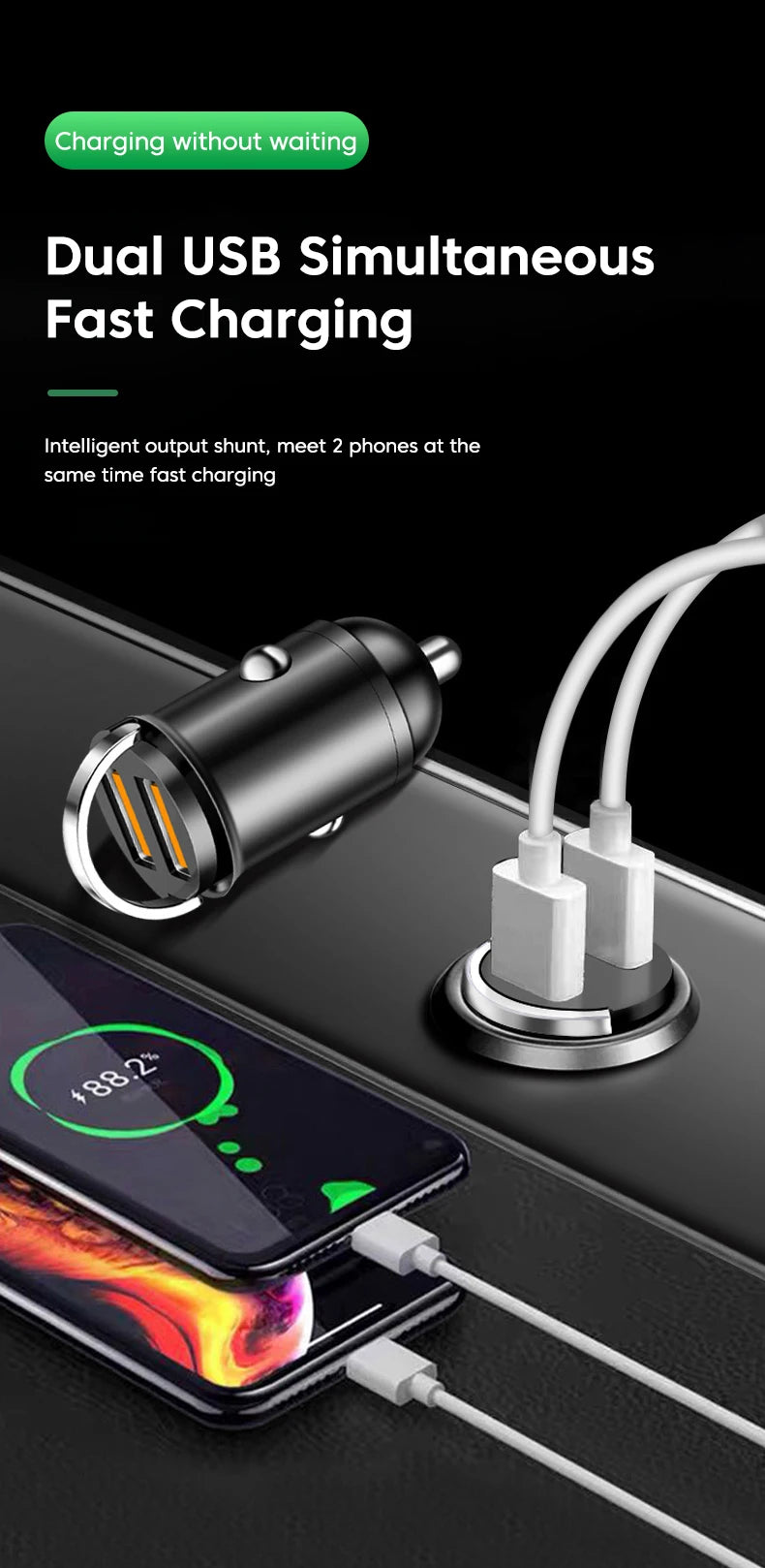 200W Dual USB Car Charger Pull Ring Fast Charging Car Phone Charger Adapter For Xiaomi Samsung Mini Car Charger