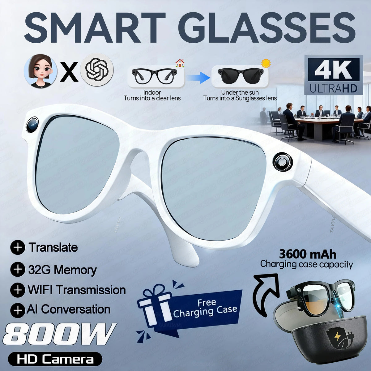 2026 New AI Smart Glasses Camera 800W Lens 30MP Photo 1200P Video Recording Bluetooth 5.3 WiFi Translation Sunglasses Men Women