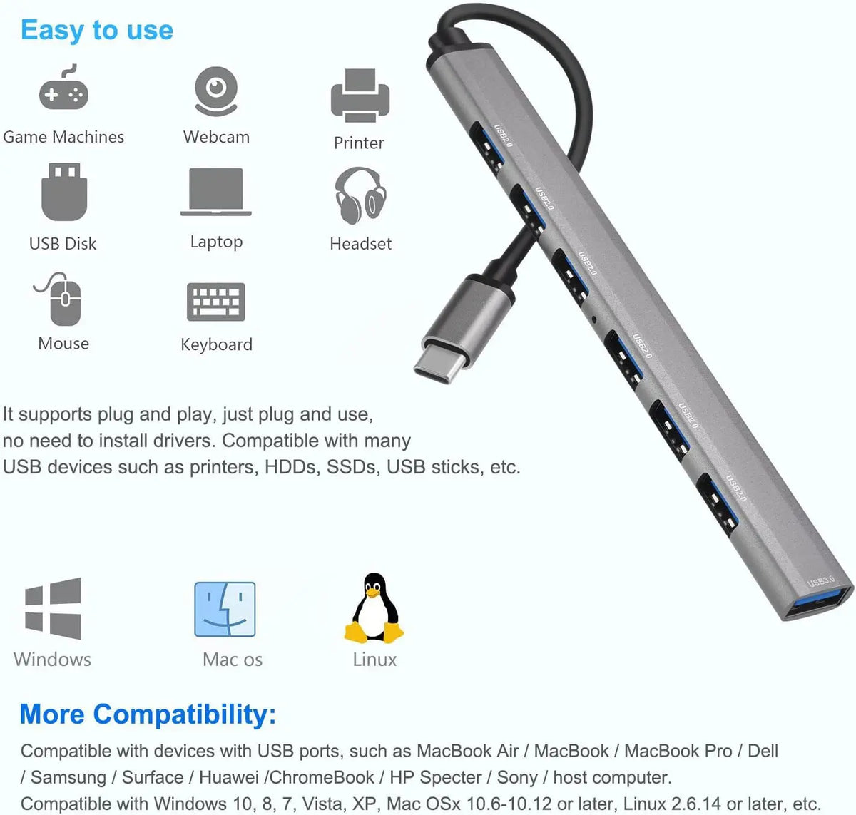 USB HUB Dock 3.0 7 Port USB 2.0 3.0 Hub Multi Splitter Adapter OTG Type C HUB For Lenovo HUAWEI Xiaomi Macbook Aluminum Alloy