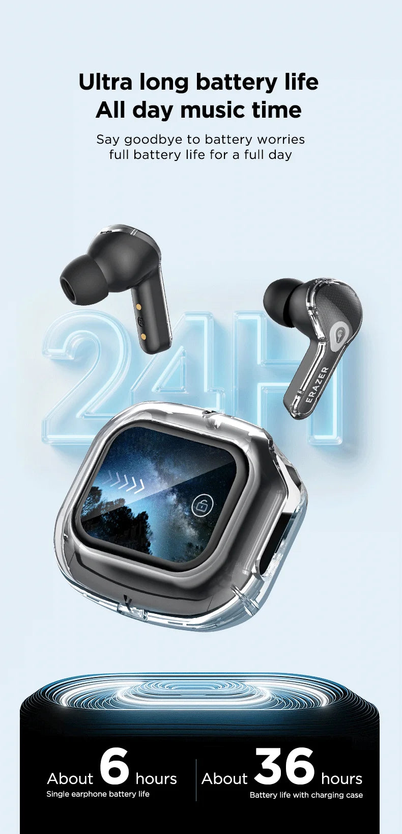 Low Latency Earphones ERAZER XP16 Wireless Earbuds AI Translation High-definition LCD Display For Music Sports Gaming Office