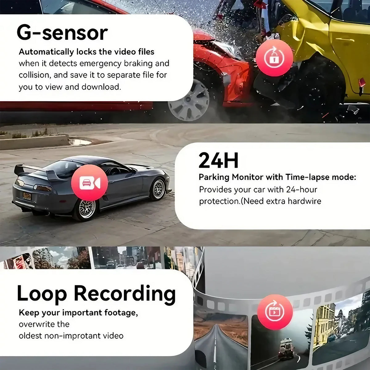 4 Lens Dash Cam 1080P Full HD 360 Degree View Car DVR 3.16 Inch IPS Screen Night Vision G Sensor Loop Recording Parking Monitor Wide Angle Laptop Connection Dashboard Camera for Complete Interior Exterior Safety Professional