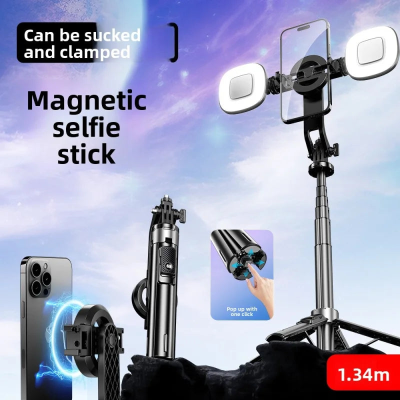 P135 Magnetic Bluetooth Selfie Stick Tripod, Universal Phone Floor Stand with 4-Leg Stable Base, Wireless Remote Photo Shooting,