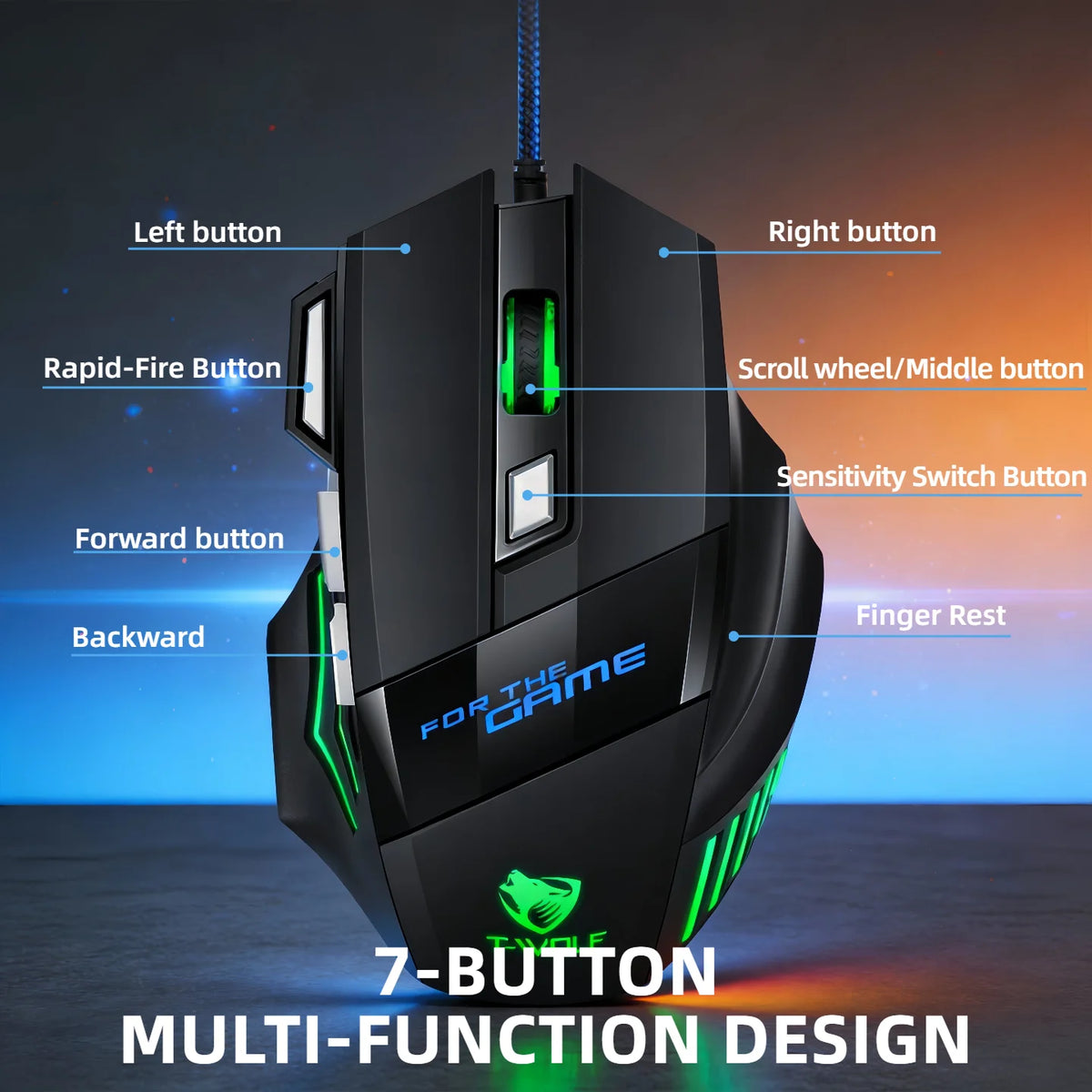T-WOLF Wired Gaming Mouse 7 Buttons RGB Backlit Mouse Fire Button 2400 DPI Adjustable Ergonomic Optical Mouse for PC Laptop Gamer Professional