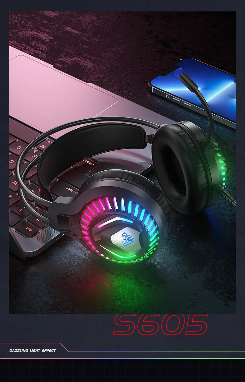 AULA S605 Wired Gaming Headset 50mm Driver Dual 3.5mm+USB RGB Bass for PC/Laptop/PS4/Over-Ear Headphones