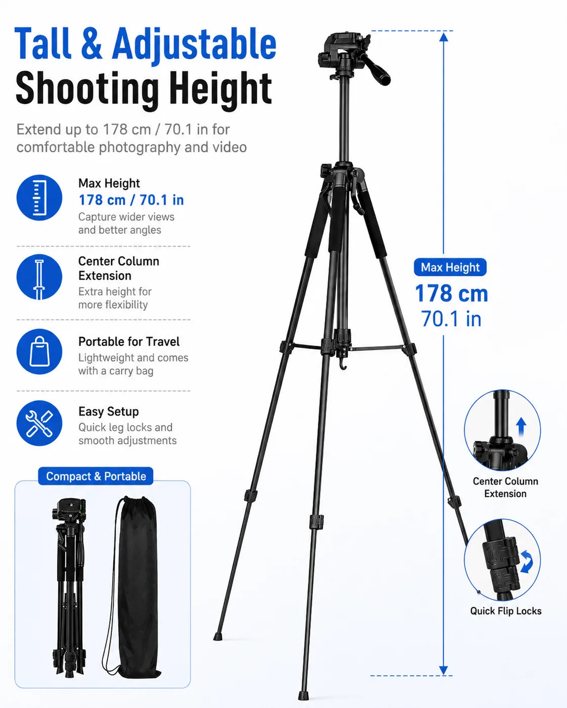 360° Camera Tripod Stand, Portable Photography Tripod for Phone, Telescope, Projector, Action Camera, Selfie, Live Streaming & V
