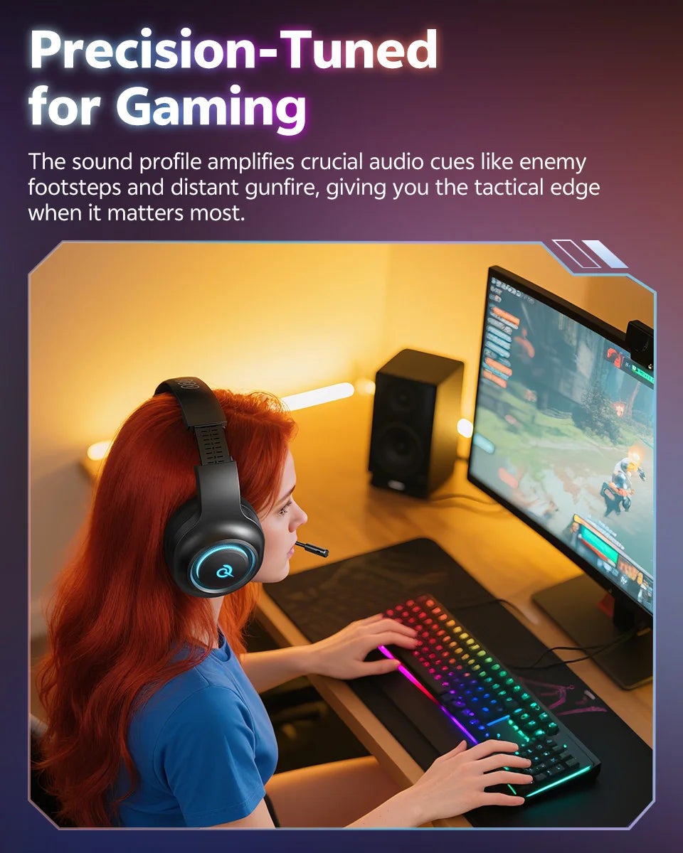 QCY Heroad V200 Gaming Over Ear Headphone Wireless Bluetooth 6.0 with Mic 50mm Driver 7.1 Surround Sound Dynamic EQ RGB Headset
