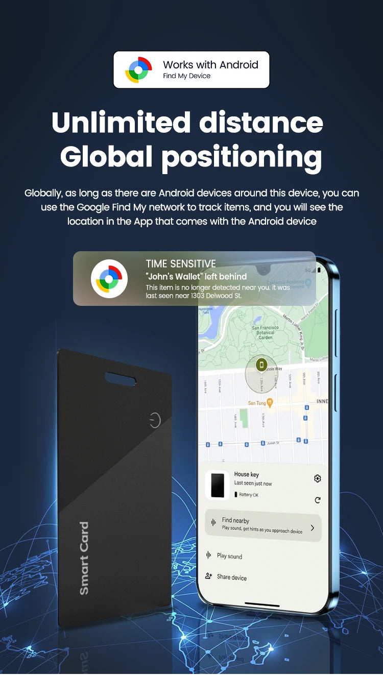 Ultra Thin Global GPS Android Tracker Card Wireless Charging Waterproof Smart Wallet Tracker Card with Google Find My Device App