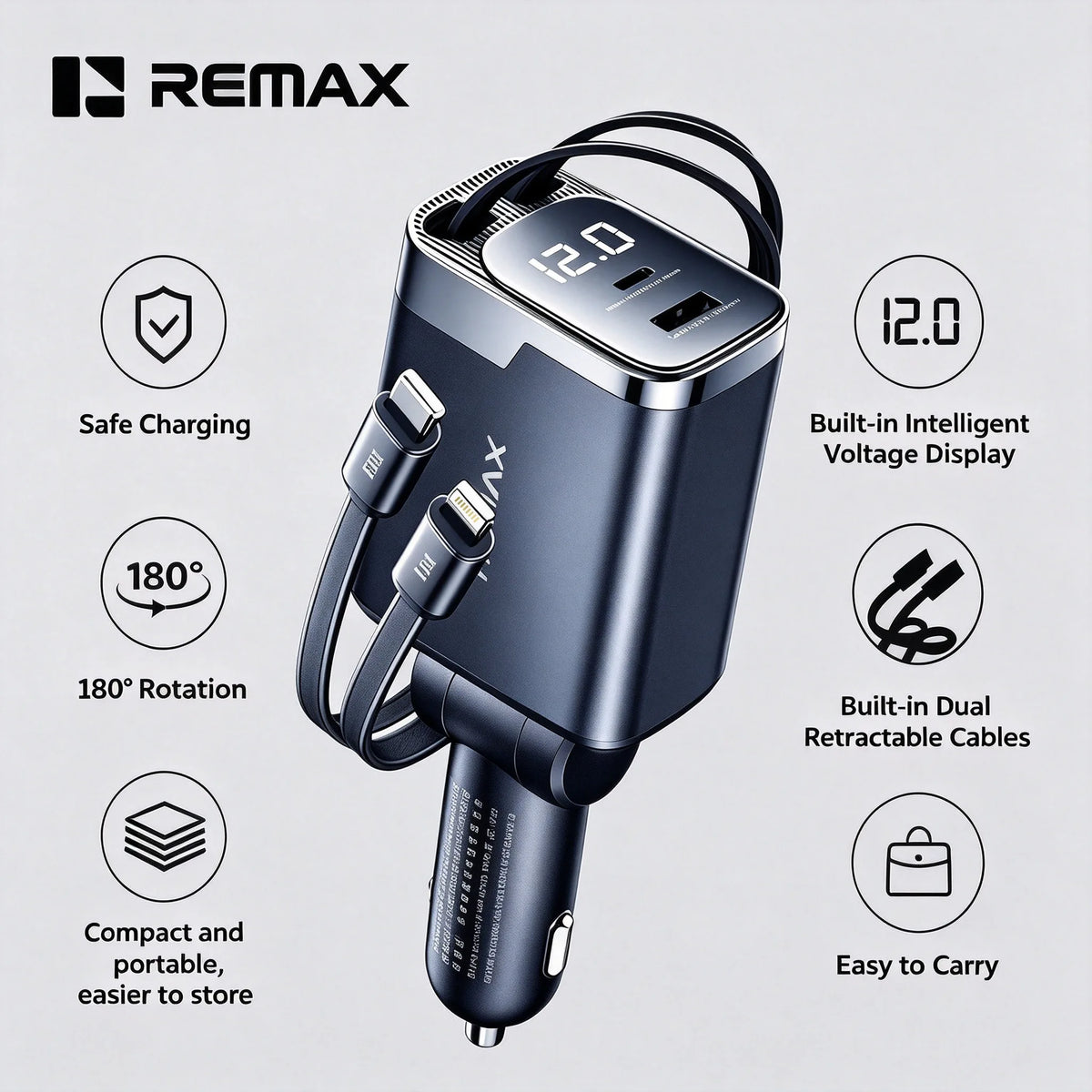 REMAX 60W Dual Retractable Cable Foldable Car Charger PD45W 4 Ports Voltage Display Fast Charging For Laptop Tablet Phone