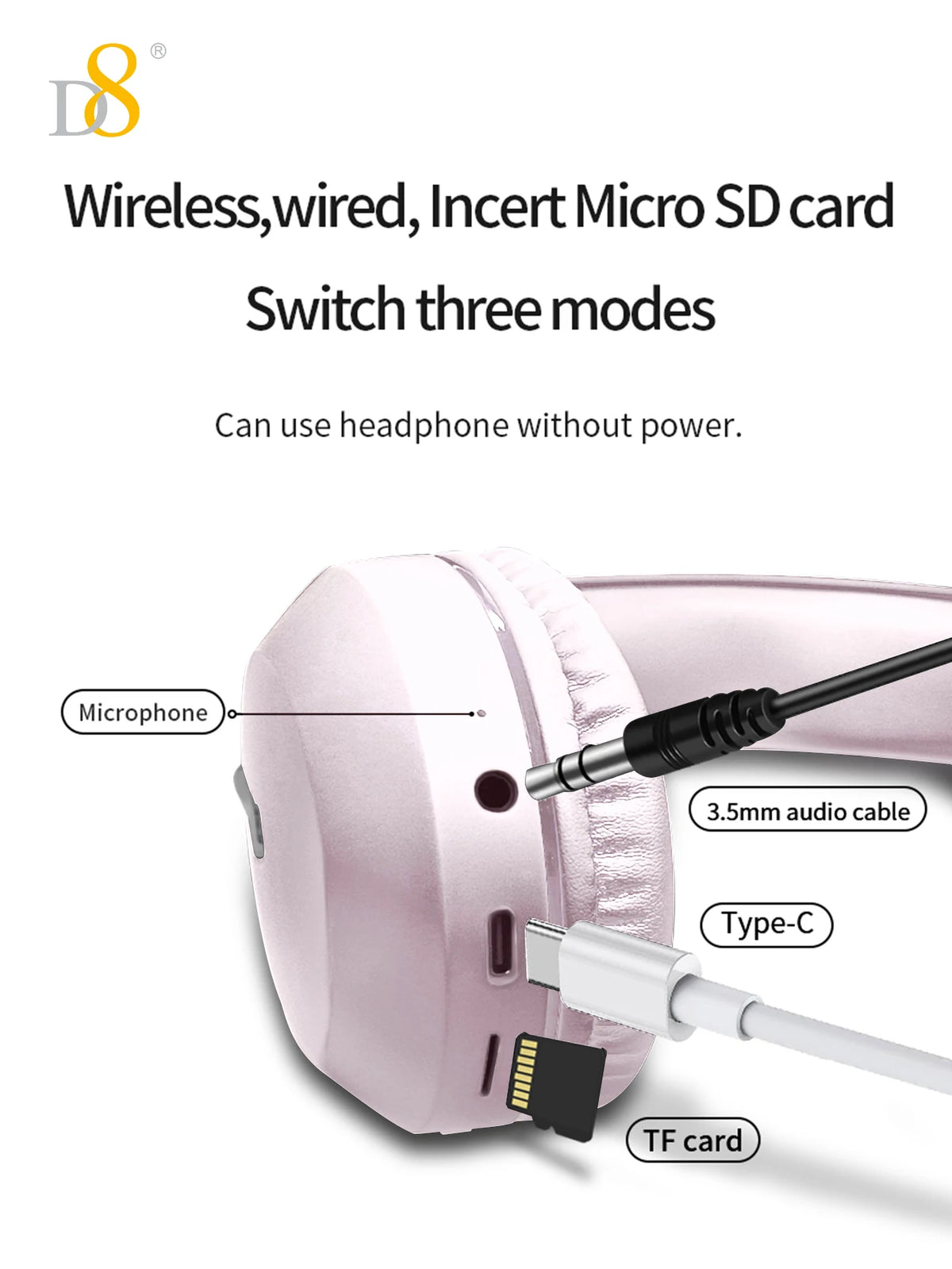 D8 Over Ear Headphones, Wireless and Wired Headset Built-in Microphone, Micro SD Card Slot - (Stealth) 40H Playtime