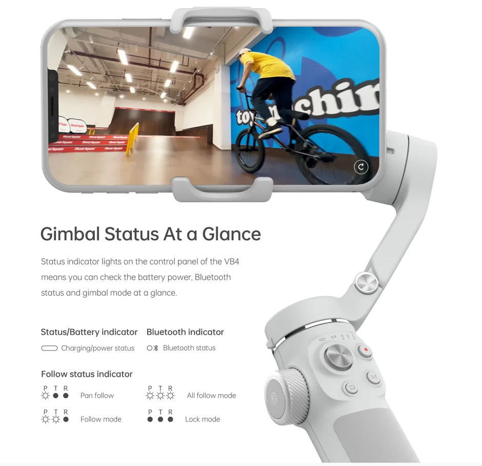 FeiyuTech VB4 3-Axis Gimbal Stabilizer for iPhone & Android, Built-in Selfie Stick, Foldable Design for Vlogging, Face Tracking