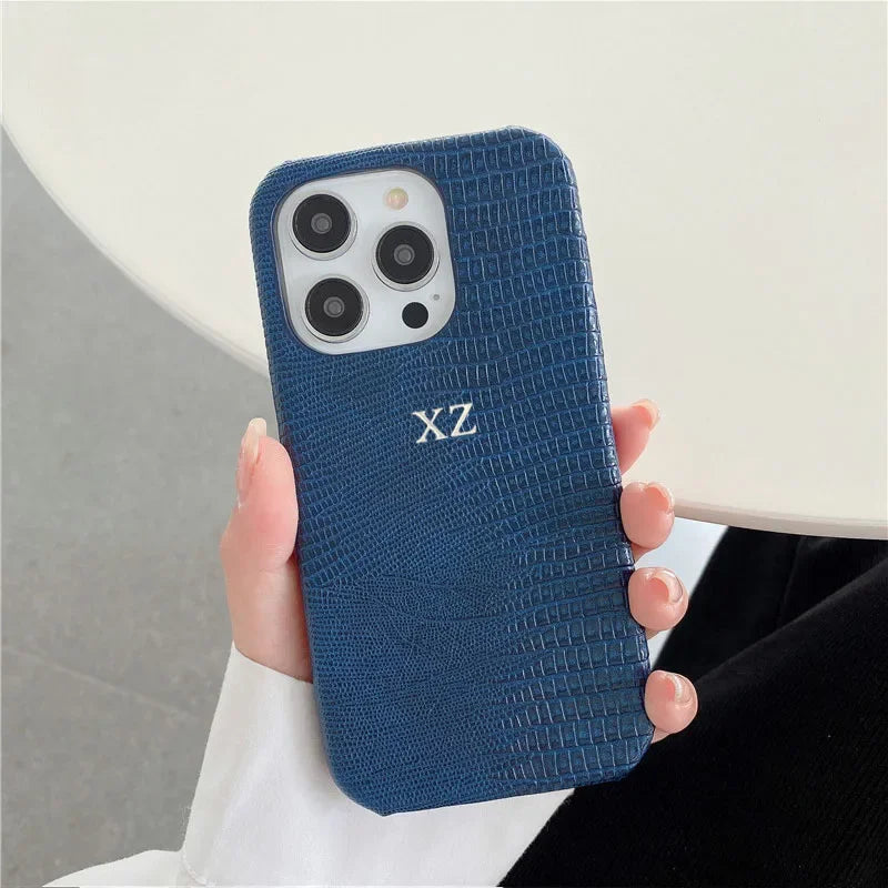 Personalise Gold Silver Initials Letters Leather Case For Iphone 15 12 14 13 16 17Pro Max 14 16 Plus Luxury Lizard PU Hard Cover