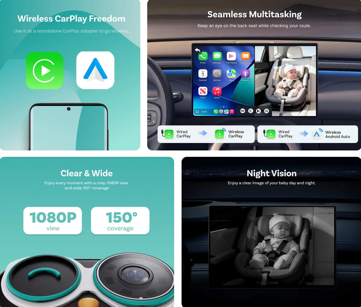 Ottocast Cabin Care Wireless CarPlay Adapter Baby Car Camera 1080P HD 150° Wide-angle Night Vision Backseat Monitor for 98% Car