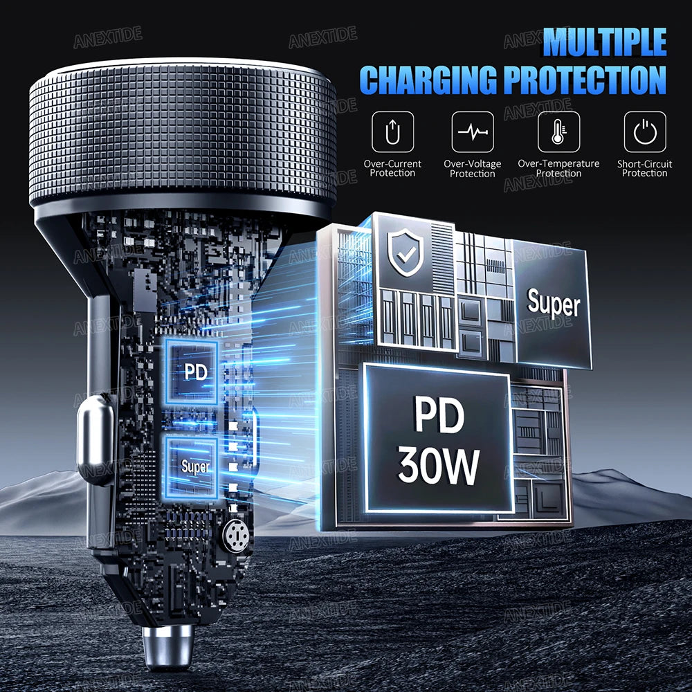 USB C Car Charger 4 Port Car Charger Adapter with LED Voltmer, Aluminium Alloy Car Cigarette Lighter USB Charger