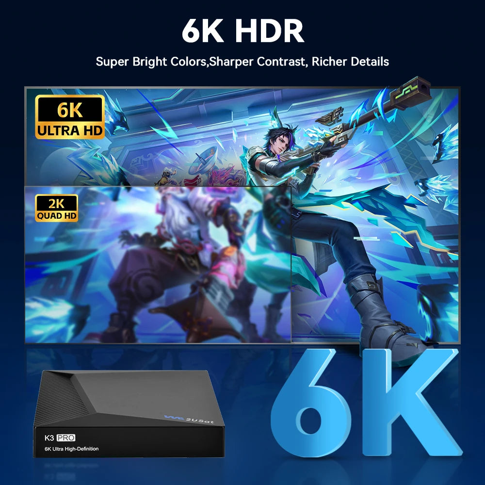 We2USat K3 PRO Smart Android TV Box 6K HDR Build in WiFi-6 2.4GHz/5GHz BT 5.0 4GB+32GB Streaming Media Player PK Vseebox V5 PRO