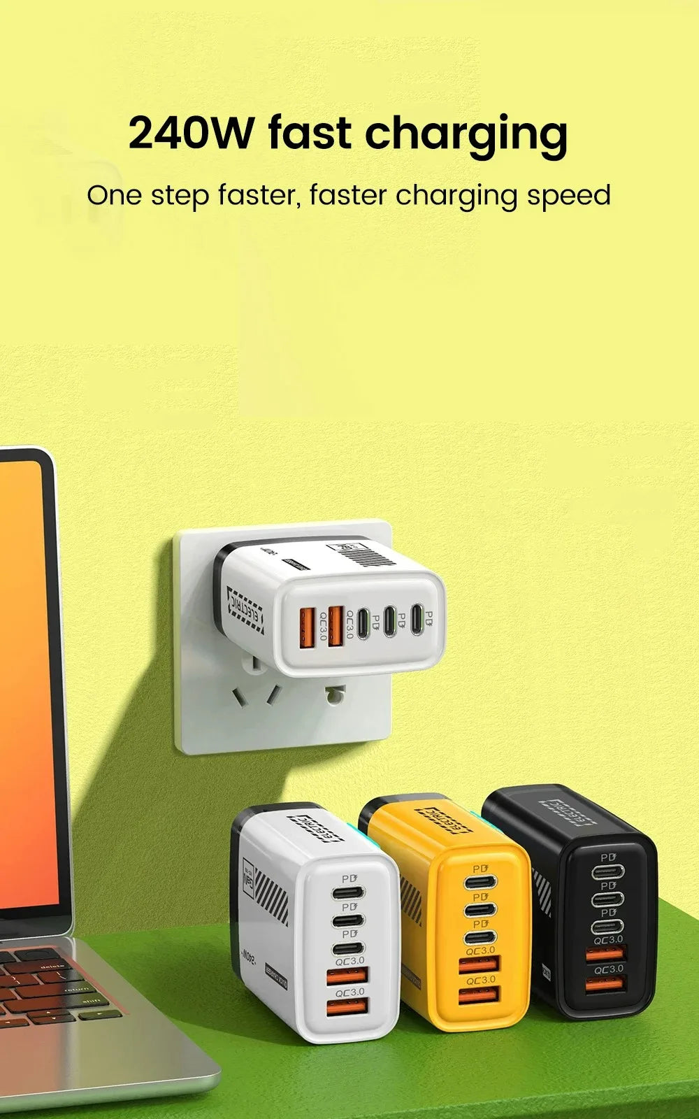 5in1 240W Type C Fast Charger US/EU Plug Desktop USB Charger Wall Adapter PD Quick Charge 3.0 USB C Phone Charging Head Adapter