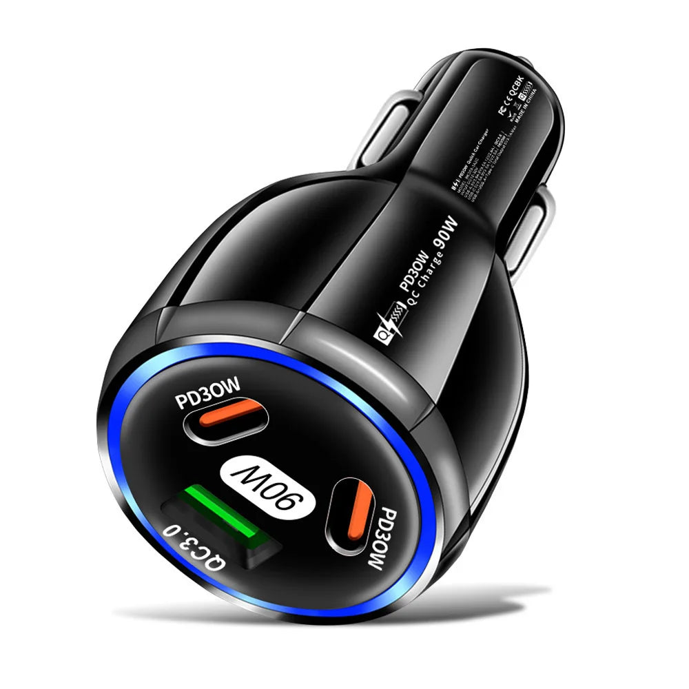90W 3 Port Car Charger Super Fast Charger QC3.0 PD30W PPS High-Power Cigarette Lighter Fast Charger for iPhone/Huawei/Samsung