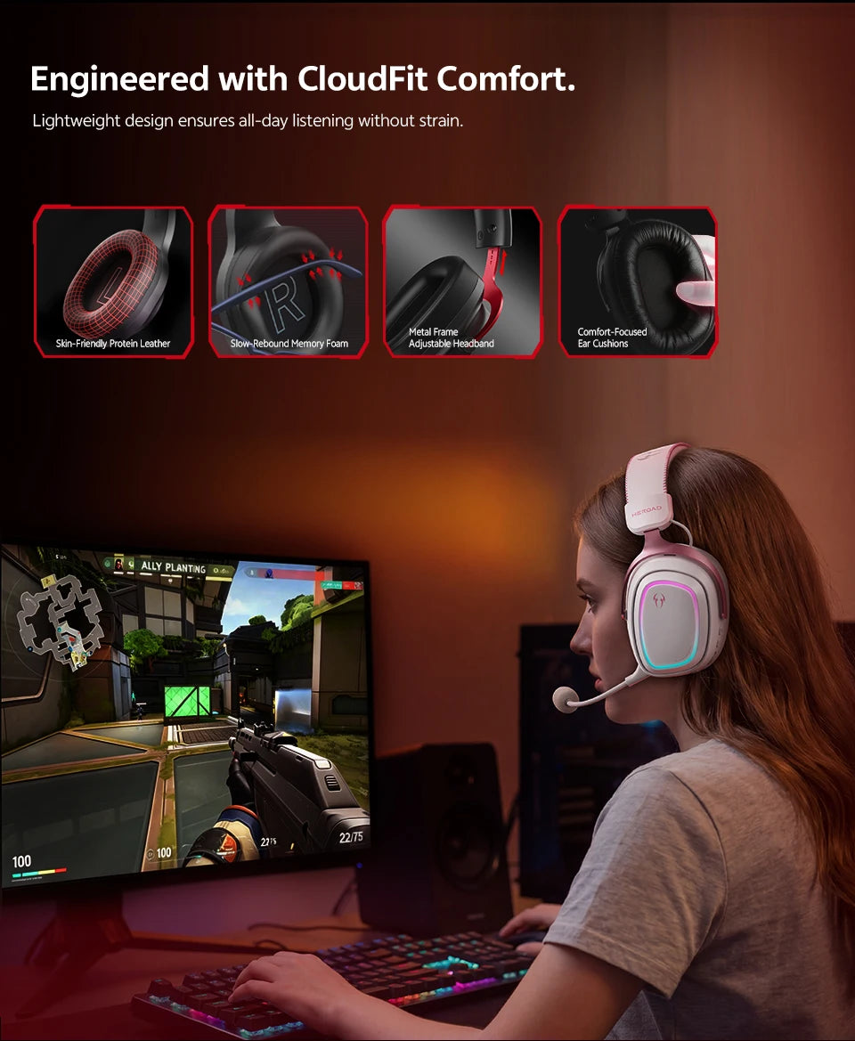 QCY Gaming Headset Heroad GT2 THX Spatial Audio+ 7.1.4 Tri-mode RGB 3-Mic ENC Over Ear Headphone for PC/PS4/PS5 Headset Gamer