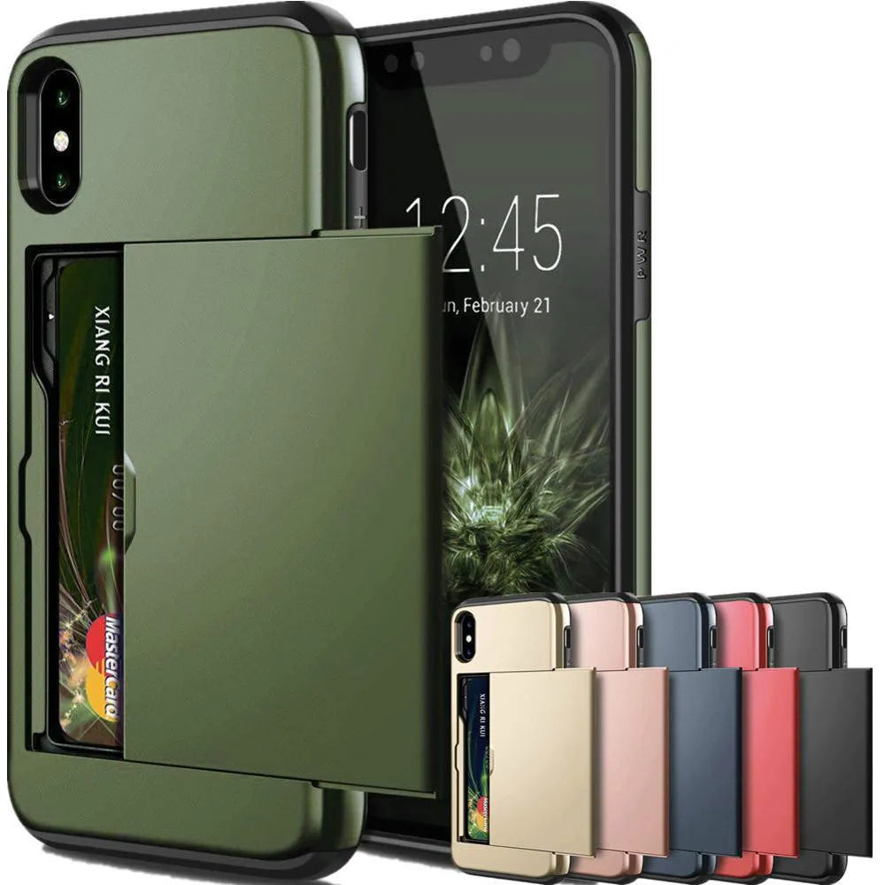 Armor Slide Card Case For iPhone 16 15 14 13 12 Pro 11 11Pro Max Card Slot Holder Cover 16 Pro Max X XS Max XR Fundas Capa