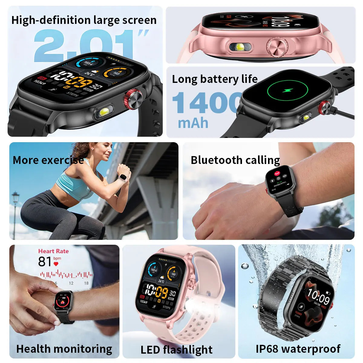New1400mAh Large Battery Smart Watch 5ATM Waterproof LED Flashlight 100+ Sports Modes Heart Rate Fitness Tracker Men Smart Watch