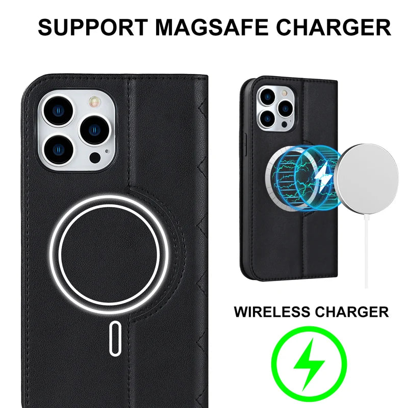 For Magsafe Wallet Leather Flip Case For iPhone 12 13 14 15 16 Pro Max mini Magnetic Wireless Charging Book Folio Cover