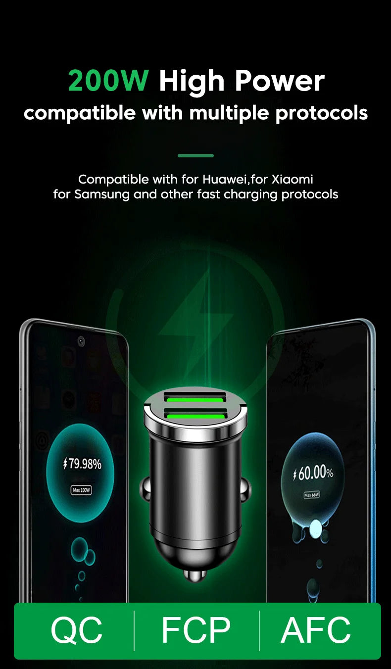 200W Dual USB Car Charger Fast Charging Pull Ring Car Phone Charger Adapter For iPhone Samsung Huawei Xiaomi Cigarette Lighter