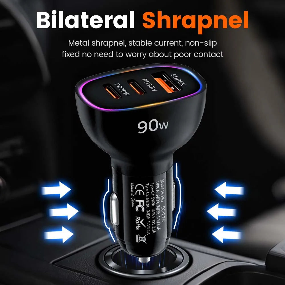90W USB C Car Charger 3-Port Super Fast Charging Adapter Dual PD 30W and USB A with LED Ring Light For iPhone 17 16 For Samsung