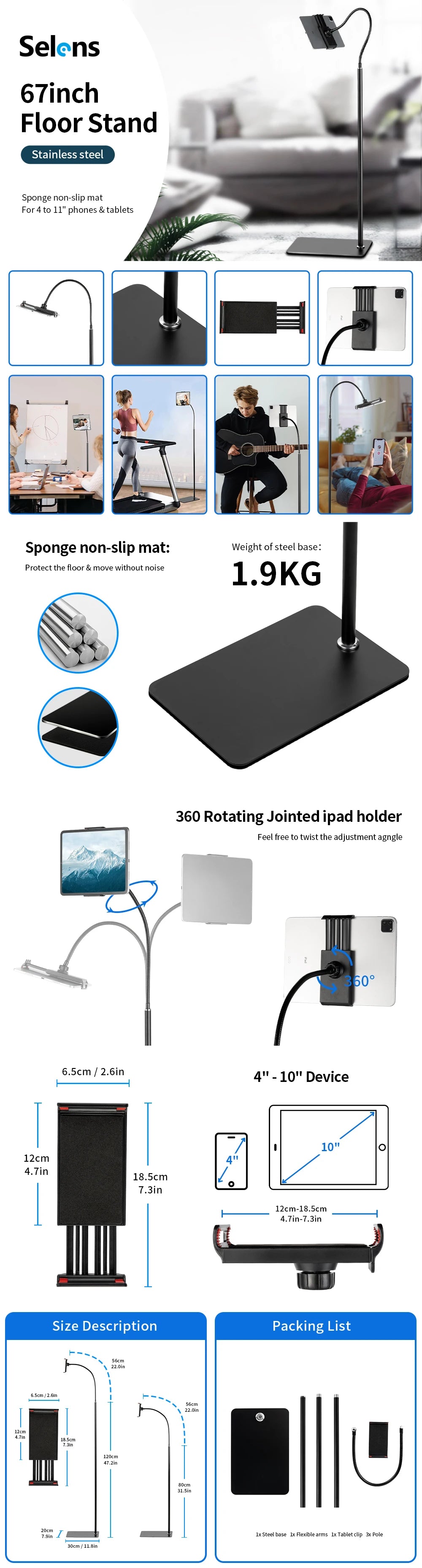 Universal 67 Inch Stainless Steel Floor Stand Tablet Mount Stand Phone Holder Tripod For iPad Samsung Xiaomi Huawei Support