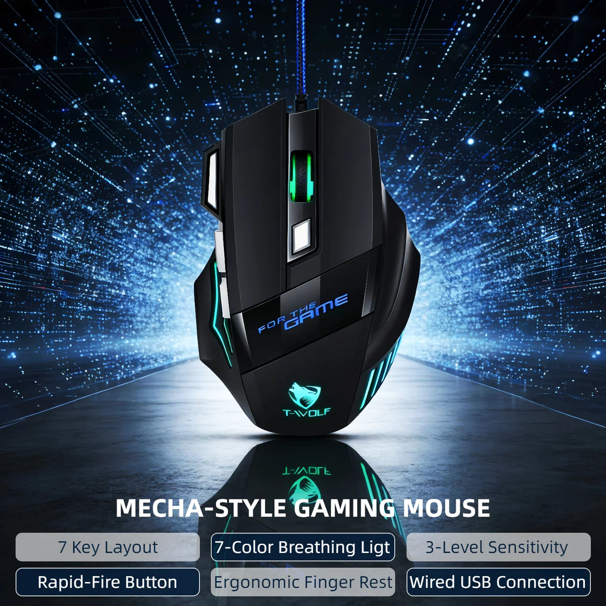 T-WOLF Wired Gaming Mouse 7 Buttons RGB Backlit Mouse Fire Button 2400 DPI Adjustable Ergonomic Optical Mouse for PC Laptop Gamer Professional