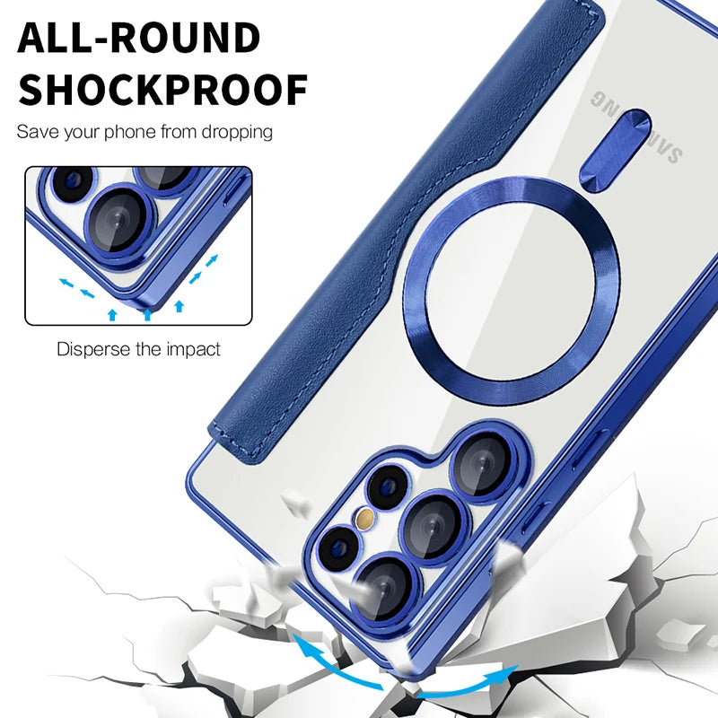 For Magsafe Magnetic Luxury Solid Color Leather Flip Wallet Card Slot Phone Case For Samsung S25 Ultra S23 S22 S24 Ultra Plus
