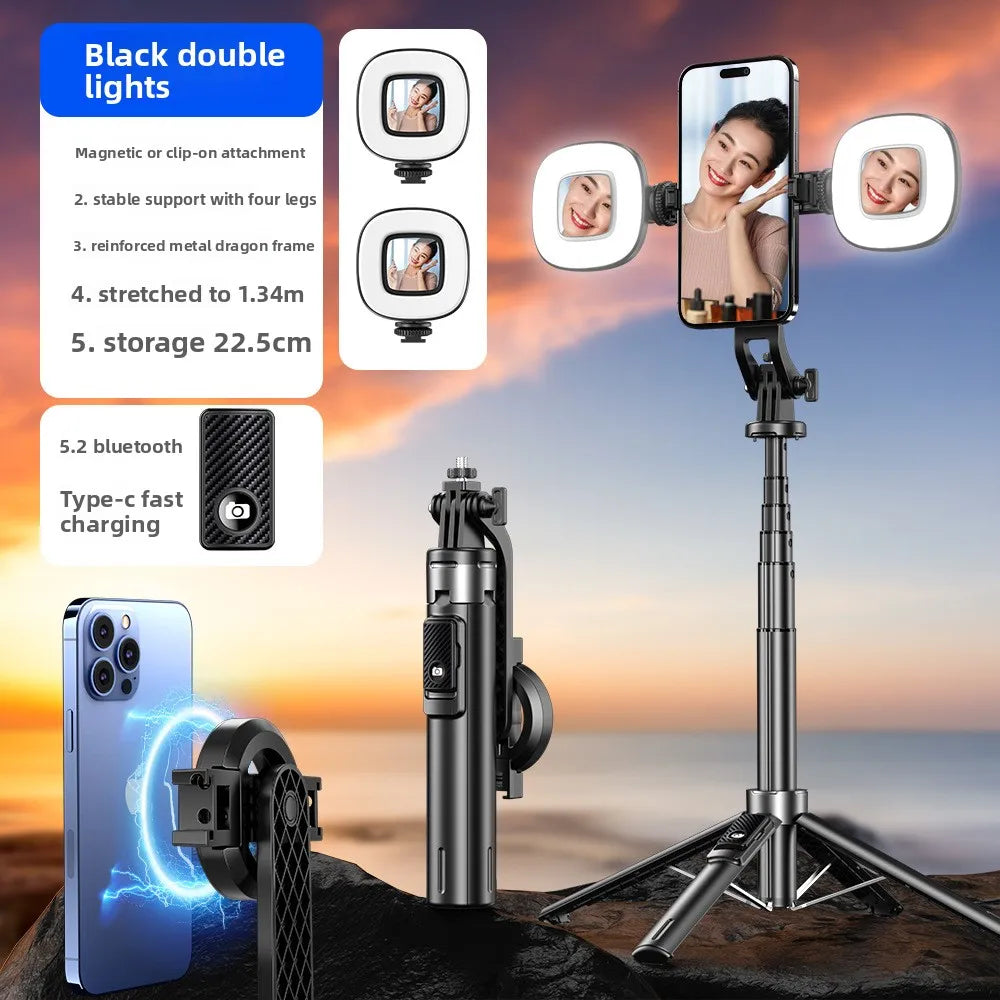 P135 Magnetic Bluetooth Selfie Stick Tripod, Universal Phone Floor Stand with 4-Leg Stable Base, Wireless Remote Photo Shooting,