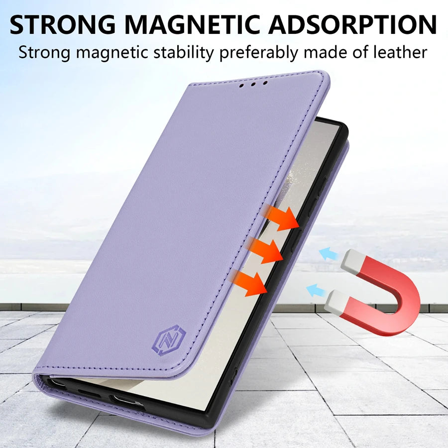 Wallet Skin Friendly Magnetic Slot Flip Leather Case For Samsung Galaxy S26 Ultra S25 Edge S24 FE S23 Plus S22 S21 S20FE S10+