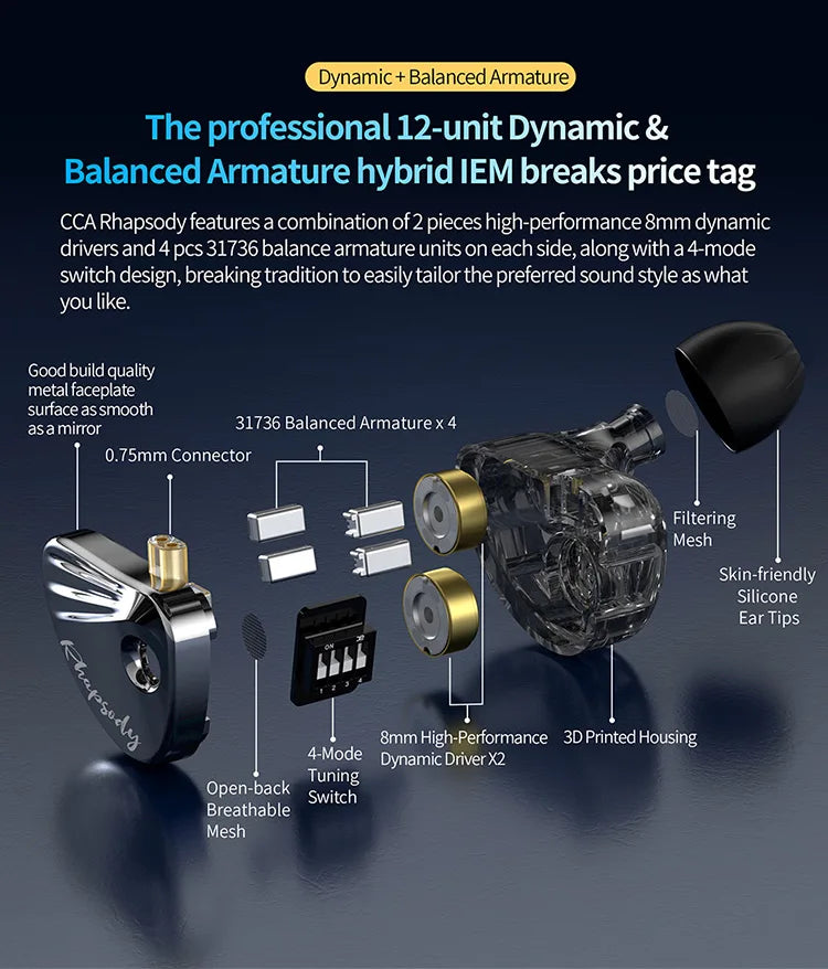CCA Rhapsody4 Dynamic Coil 8 Dynamic Iron Coil High Quality HIFI Detachable Cable In Ear Noise Reduction Wired Earphones