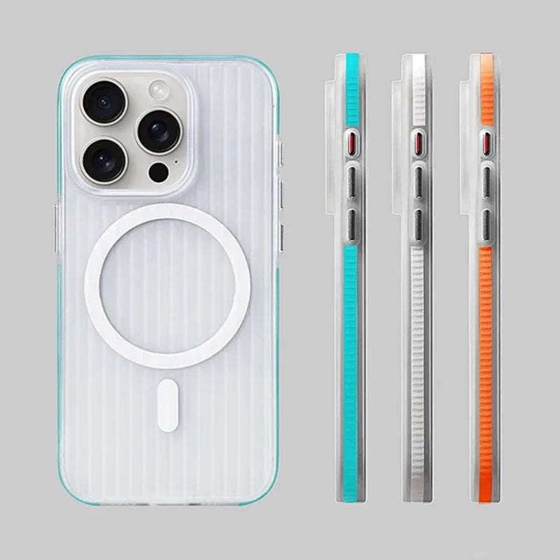 Geometric 3D Stripes Wireless Charging MagSafe Phone Case For iPhone 14 15 18Pro Max 15 13 Pro 16 Anti-fall Bumper Frosted Cover