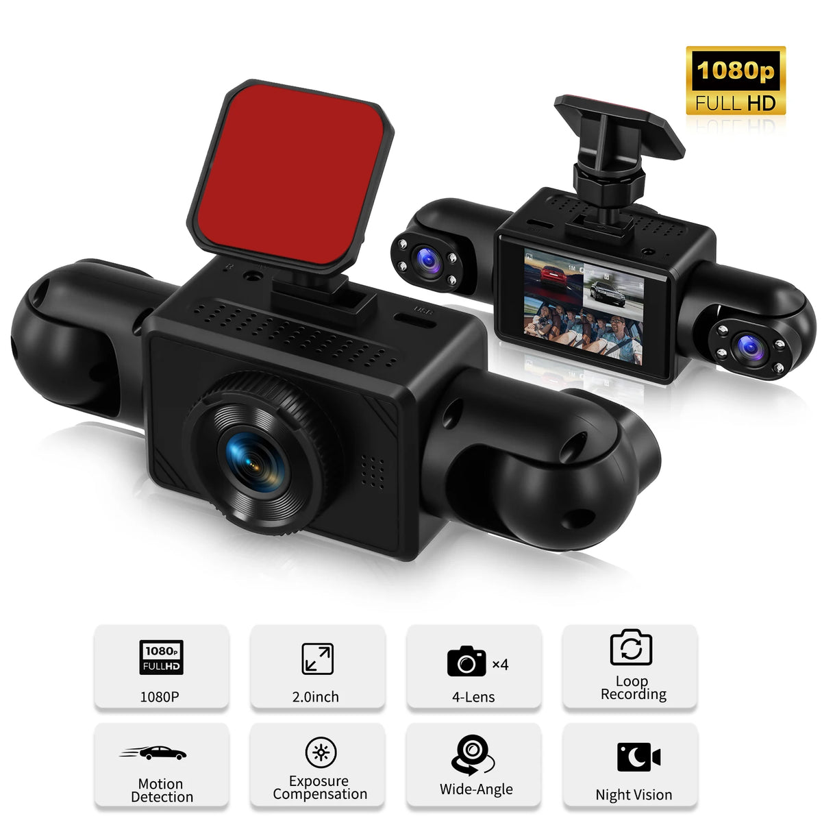 Podofo 2inch 1080P Car Dash Cam with Four High-Definition Cameras, Including 480P Left Interior, Right Interior, and Rear Cameras Loop Recording Add Hardwire Kit Car Accessories Black Box Driving Assistance Camera