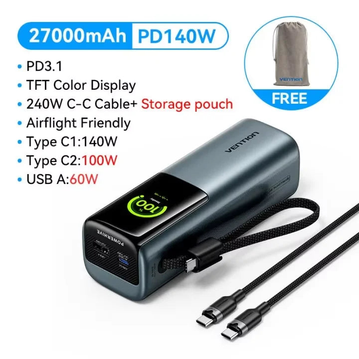 Vention 200W Power Bank 27000mAh PD 3.1 140W Max Portable PowerBank for Laptop PD Fast Charging for iPhone 17 16 Samsung S25 S24