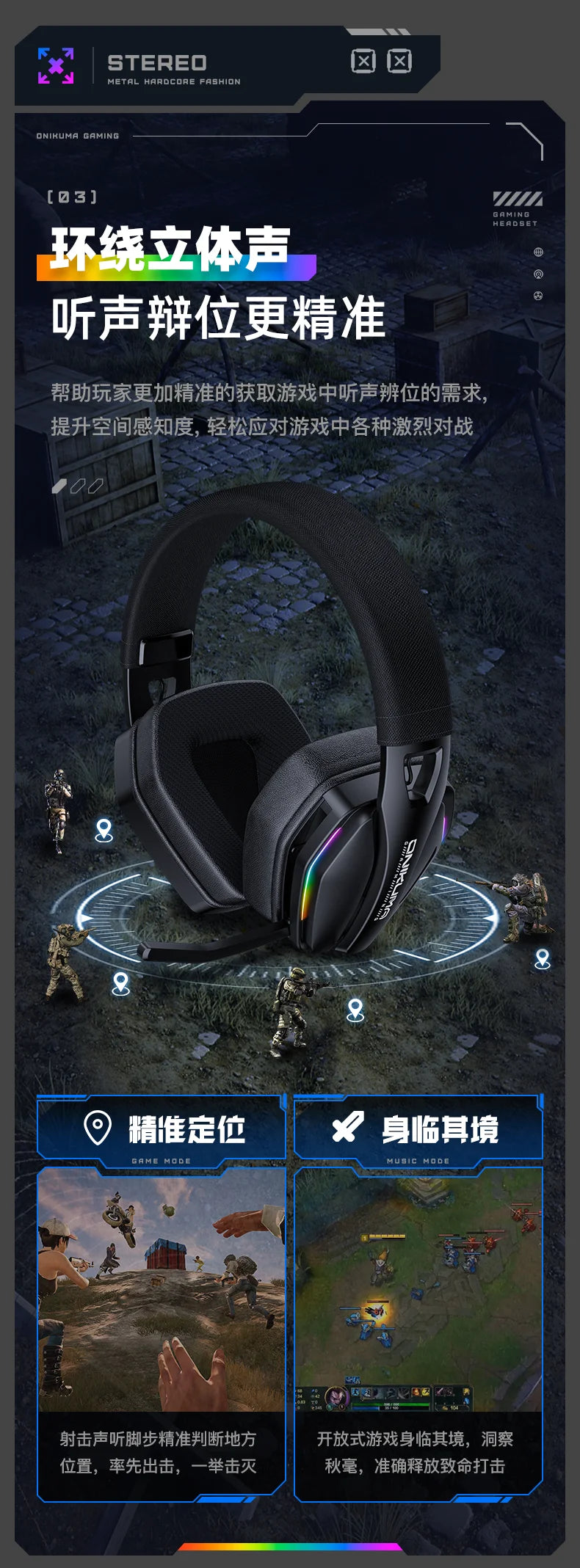 ONIKUMA GT826 Wireless Headset Gaming Headphone Tri Mode Connection Bluetooth USB C 2.4G Low Latency RGB Stereo Sound For PS5 PC