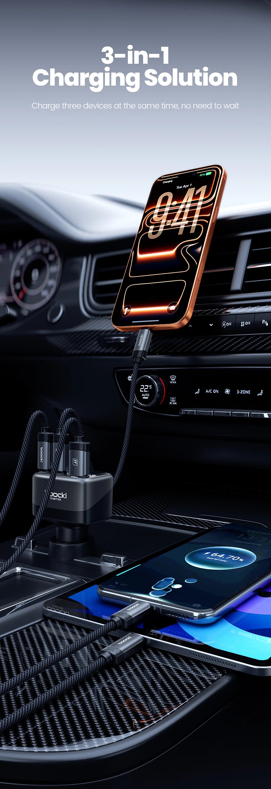 Toocki 105W 3-in-1 Car Charger PD 45W 30W PPS Fast Charging Type C Display Car Phone Charger For iPhone 17 16 Samsung S23 S24