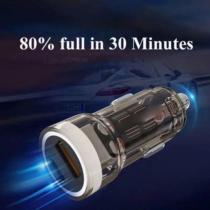 Transparent USB C Car Phone Charger PD 30W Super Fast Charge Adapter for iPhone 15 Pro Max 14 iPad Samsung Oppo Huawei Vivo