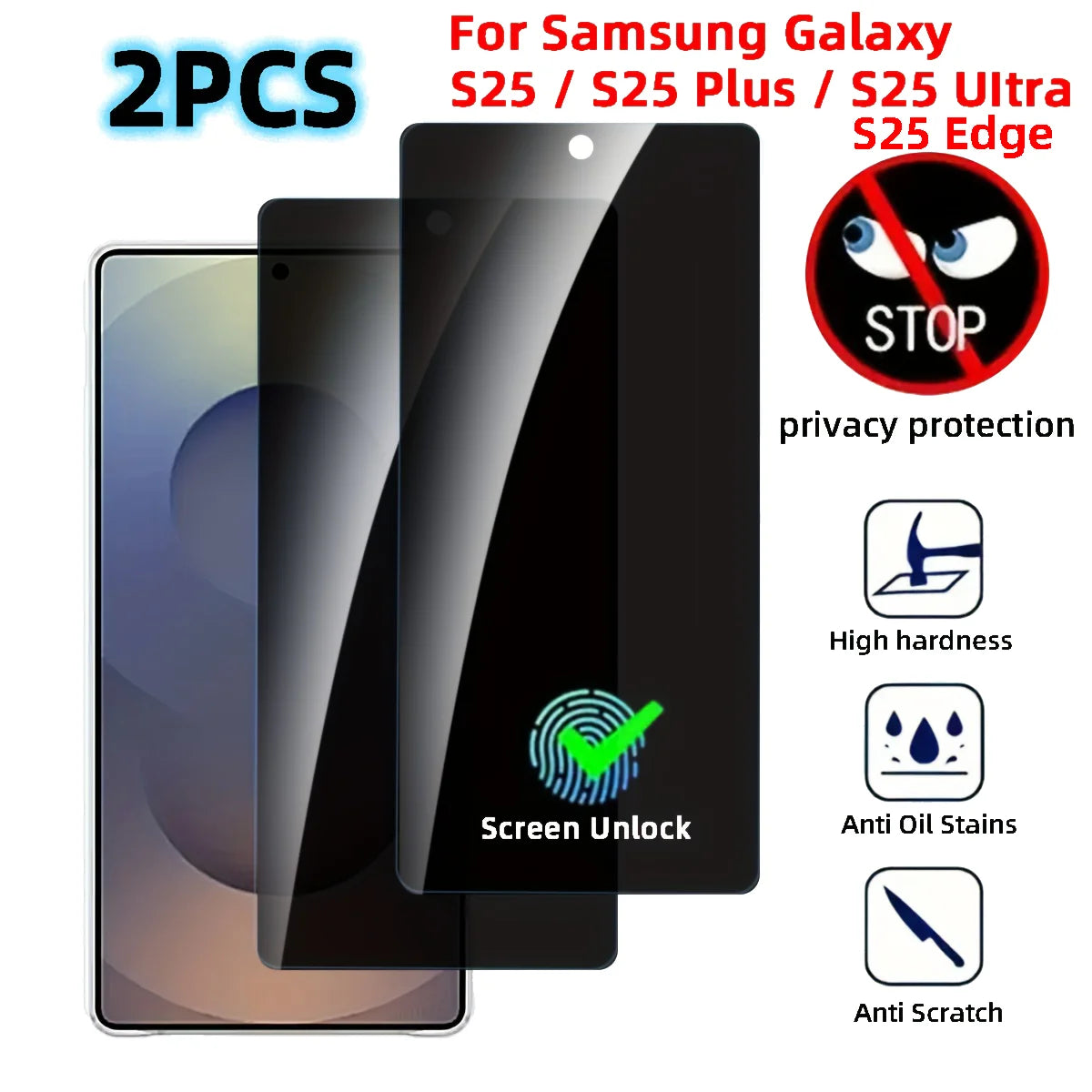2Pcs Privacy Screen Protector For Samsung Galaxy S26 S24 S25 Plus S25 Ultra S25 Edge Fingerprint Unlock Anti-spy Tempered Glass