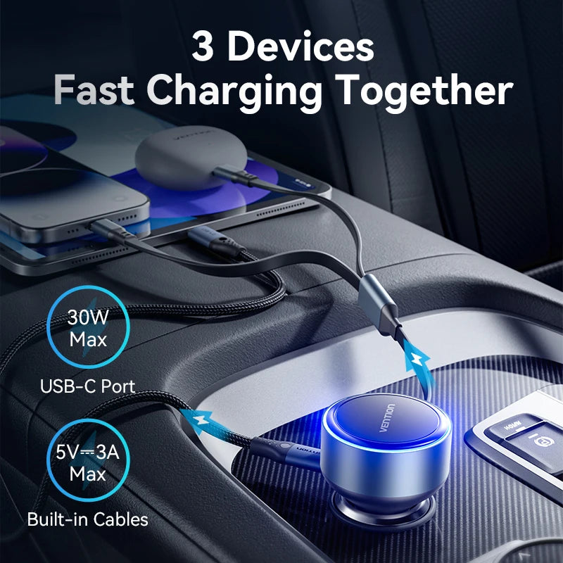 Vention 60W Retractable Car Charger 3 in 1 PD 30W QC 3.0 Fast Charging for iPhone 17 16 Samsung Tablet Cord Cigarette Adapter