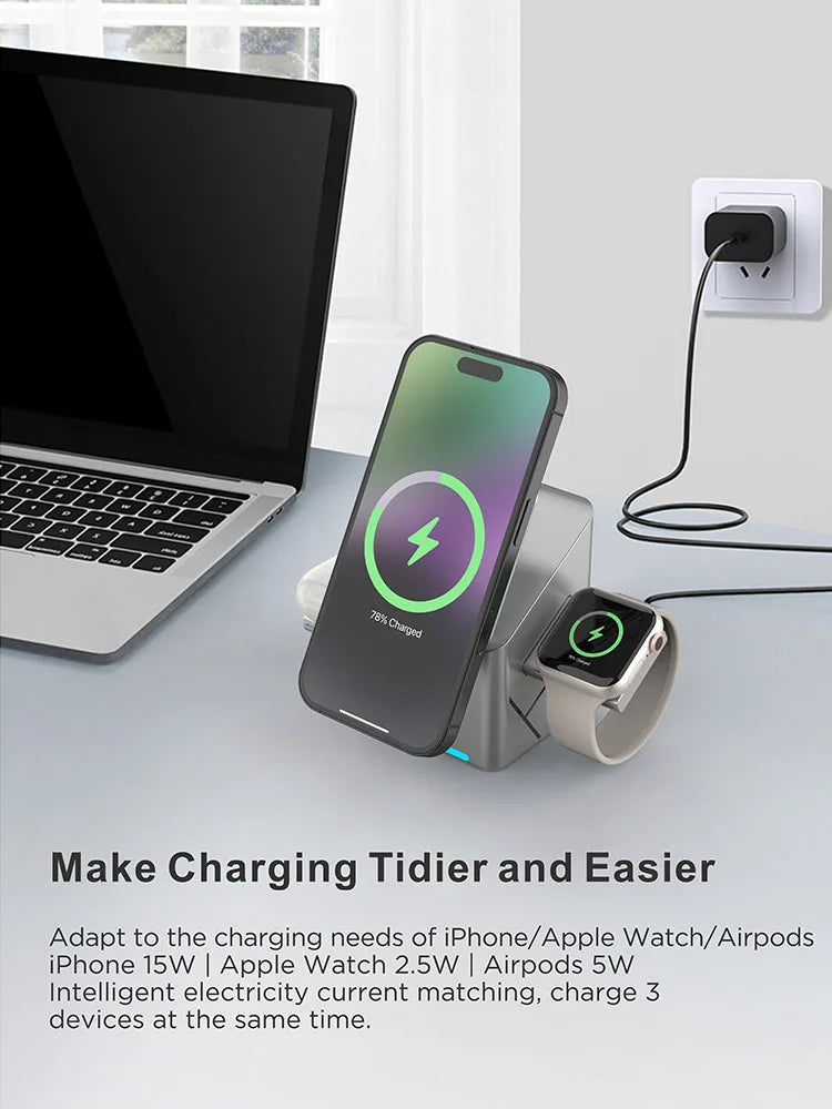 Rotating Qi2 3in1 15w Magnetic Wireless Charger Stand For iPhone 16 15 14 13 12 Max iWatch Airpods Fast Charging Dock