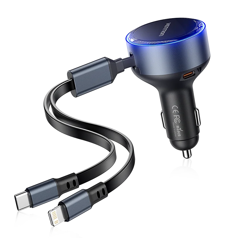 Vention 60W Retractable Car Charger 3 in 1 PD 30W QC 3.0 Fast Charging for iPhone 17 16 Samsung Tablet Cord Cigarette Adapter